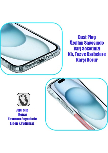 iPhone 15 Pro Uyumlu Şeffaf Kılıf Kamera Korumalı ve Şarj Soket Tıpalı Elden Kaydırmaz Esnek Silikon fiyatları