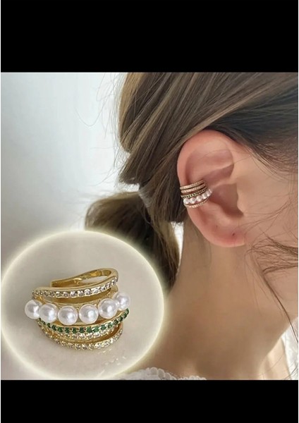 Ares Collection Kararmaz Zirkon Taşlı Incili Earcuff Sıkıştırmalı Kıkırdak Conch Orbital Delik Gerektirmeyen Küpe