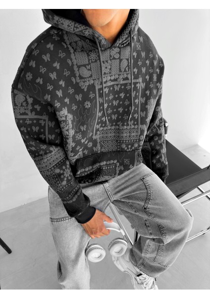 Oversize Desenli Kapüşonlu Sweatshirt Siyah