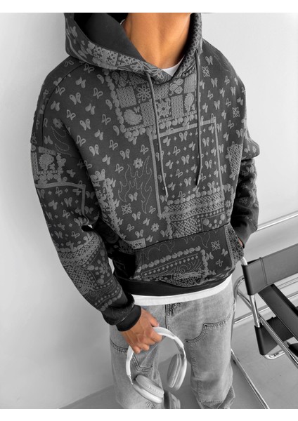 Oversize Desenli Kapüşonlu Sweatshirt Siyah