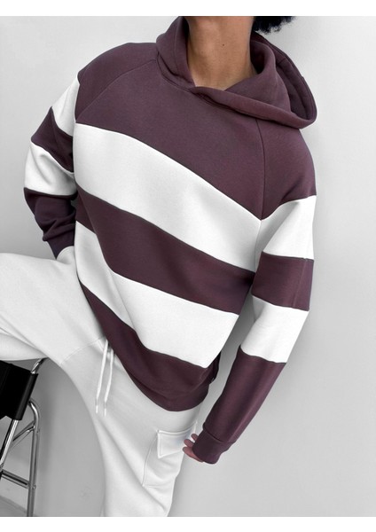 Abluka Online Oversize Çizgili Kapüşonlu Sweatshirt Bordo