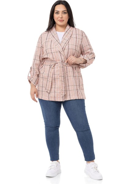 Büyük Beden Şal Yaka Katlamalı Kollu Kuşaklı Ekru Kiremit Ceket