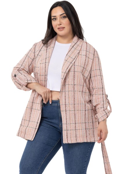 Büyük Beden Şal Yaka Katlamalı Kollu Kuşaklı Ekru Kiremit Ceket fiyatları