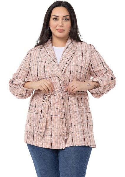 Büyük Beden Şal Yaka Katlamalı Kollu Kuşaklı Ekru Kiremit Ceket indirimleri