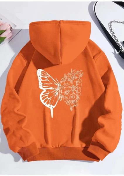 Kids Face Kapüşonlu Beyaz Kelebek Sırt Baskılı 3 İplik Şardonlu Kışlık Kız Çocuk Sweatshirt