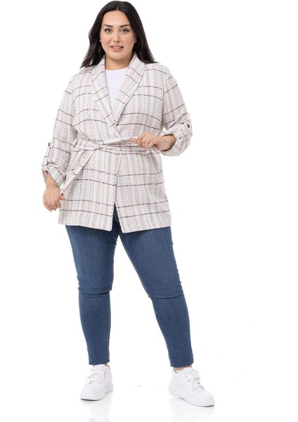 Büyük Beden Şal Yaka Katlamalı Kollu Kuşaklı Ekru Pembe Ceket