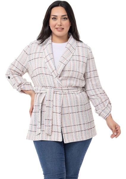 Büyük Beden Şal Yaka Katlamalı Kollu Kuşaklı Ekru Pembe Ceket fiyatları