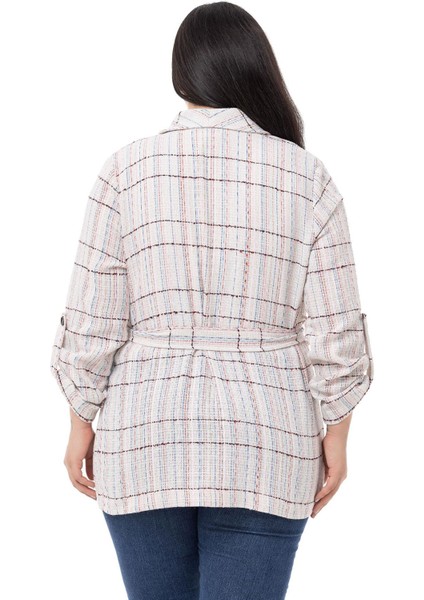 Büyük Beden Şal Yaka Katlamalı Kollu Kuşaklı Ekru Pembe Ceket modelleri