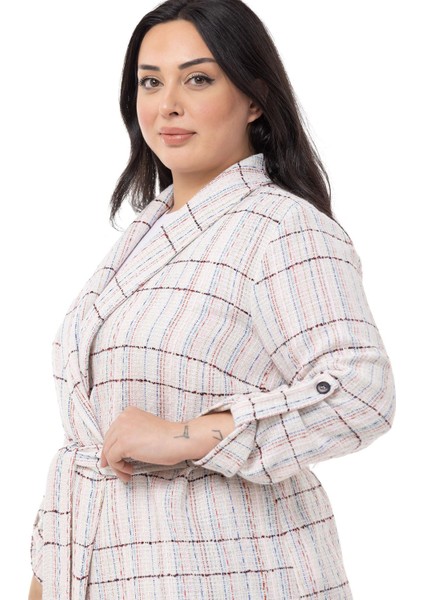 Büyük Beden Şal Yaka Katlamalı Kollu Kuşaklı Ekru Pembe Ceket fırsatları