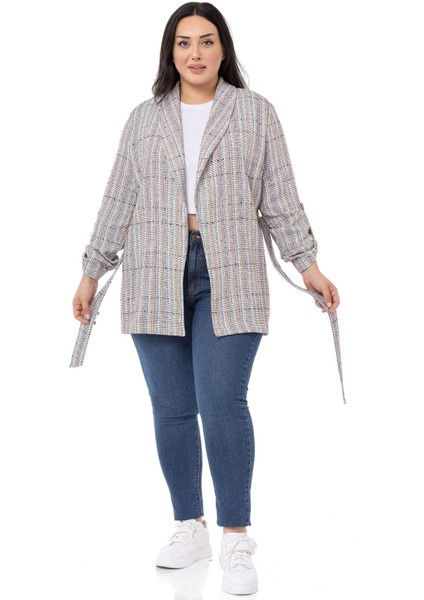 Büyük Beden Şal Yaka Katlamalı Kollu Kuşaklı Ekru Lila Ceket