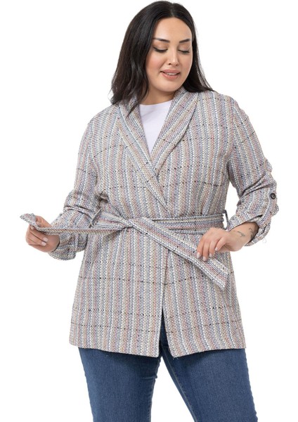 Büyük Beden Şal Yaka Katlamalı Kollu Kuşaklı Ekru Lila Ceket fiyatları