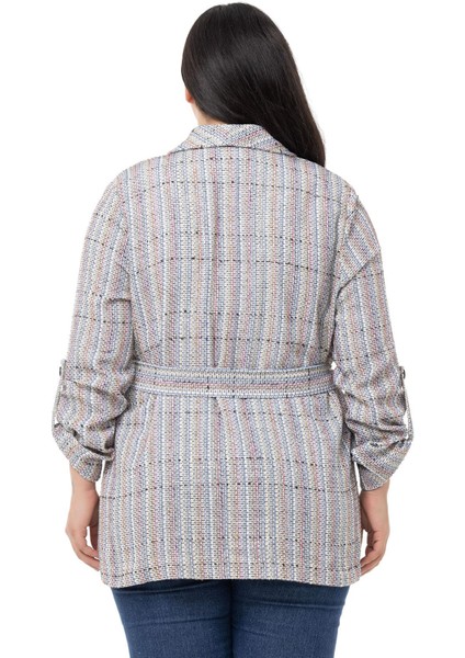 Büyük Beden Şal Yaka Katlamalı Kollu Kuşaklı Ekru Lila Ceket modelleri