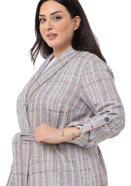 Büyük Beden Şal Yaka Katlamalı Kollu Kuşaklı Ekru Lila Ceket fırsatları