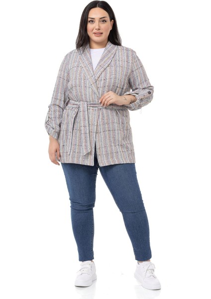 Büyük Beden Şal Yaka Katlamalı Kollu Kuşaklı Ekru Lila Ceket indirimleri