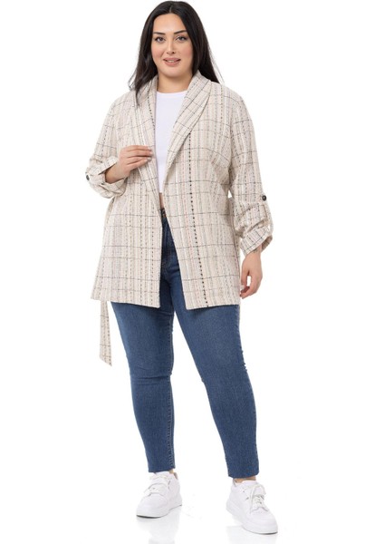 Büyük Beden Şal Yaka Katlamalı Kollu Kuşaklı Ekru Haki Ceket