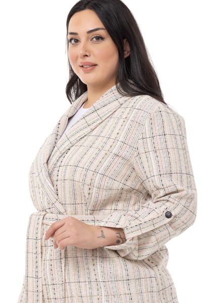 Büyük Beden Şal Yaka Katlamalı Kollu Kuşaklı Ekru Haki Ceket fırsatları