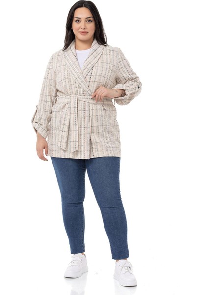 Büyük Beden Şal Yaka Katlamalı Kollu Kuşaklı Ekru Haki Ceket indirimleri