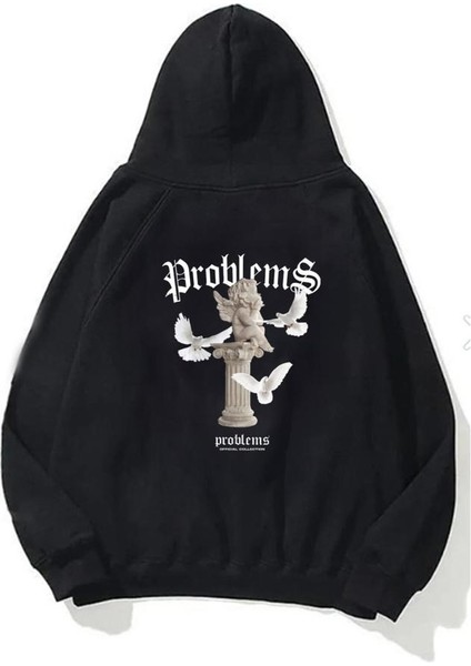 Clothing Kapüşonlu İçi Polar Problems Yazılı Heykel Baskılı Siyah Unisex Sweatshirt
