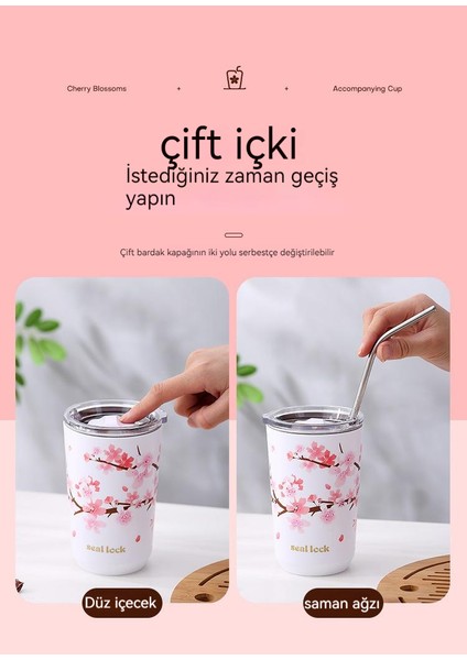 Kiraz Çiçeği Paslanmaz Çelik Çift Katmanlı Vakum Kupası Yalıtım Kahve Fincanı Seyahat Kamp Sızdırmaz Su Geçirmez Fincan Çay Seti Su Bardağı (Yurt Dışından)