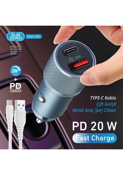 Hızlı Araç Şarj Cihazı Pd 20W Çift Çıkış USB ve Type C