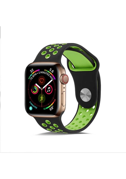 Apple Watch 3 4 5 6 7 8 9 Se Uyumlu 38-40-41MM Delikli Silikon Kordon-02 Siyah-Yeşil