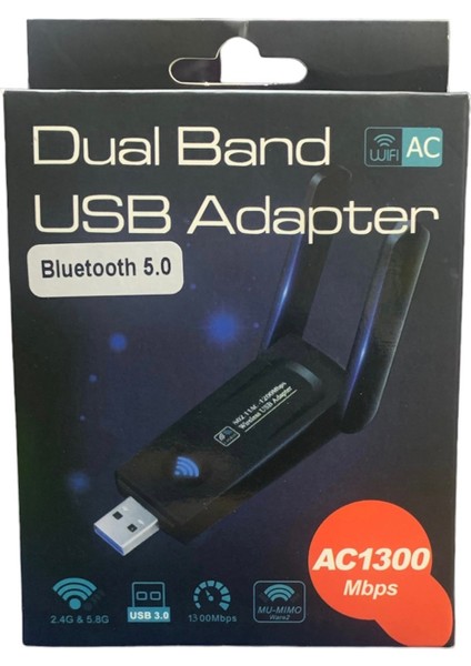 Bluetooth 5.0 AC1300 Mbps Dual Band USB 3.0 Adaptör Kablosuz Wifi Alıcı (Sürücü Gerektirmez)
