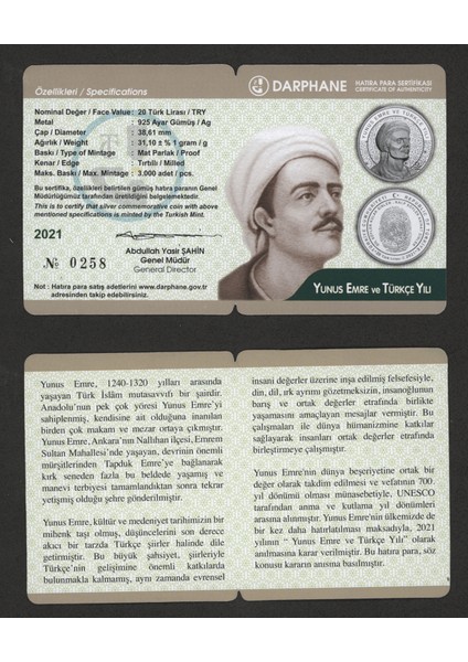 Darphane 20 Tl 2022 Yunus Emre Darphane Hatıra Parası Sertifikali modelleri