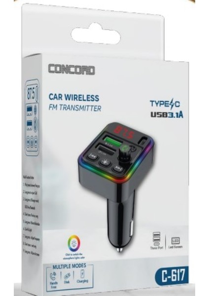 C-617 Bluetooth Görüşme ve Müzik Dinleme Ekranlı Rgb Fm Transmitter Pd + 3.1A Çift USB Şarj