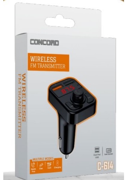 C-614 Bluetooth Görüşme ve Müzik Dinleme Ekranlı Fm Transmitter Çift USB Şarj Usb/tf