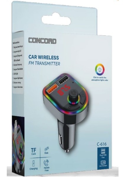 C-616 Bluetooth Görüşme ve Müzik Dinleme Ekranlı Rgb Fm Transmitter Çift USB Şarj Usb/tf