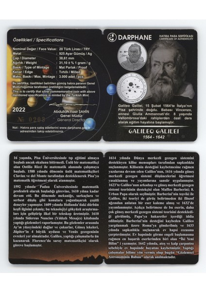 Galileo Galilei Hatıra Parası 2022 Gümüş Sertıfıkalı