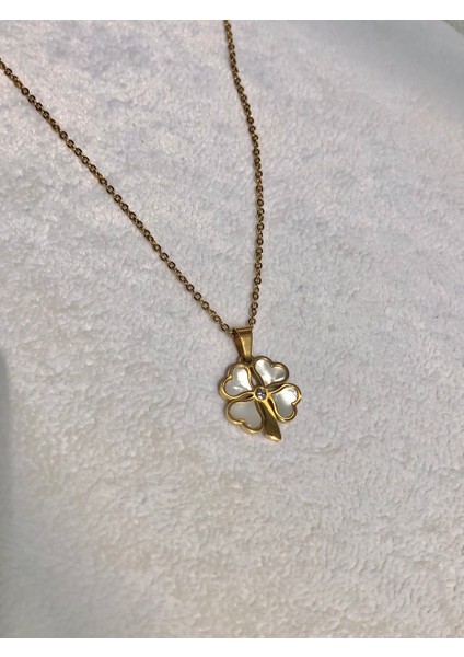 Nature Çelik Zirkon Taşlı Sedef Yonca 48 cm Rose Gold Renk Kolye