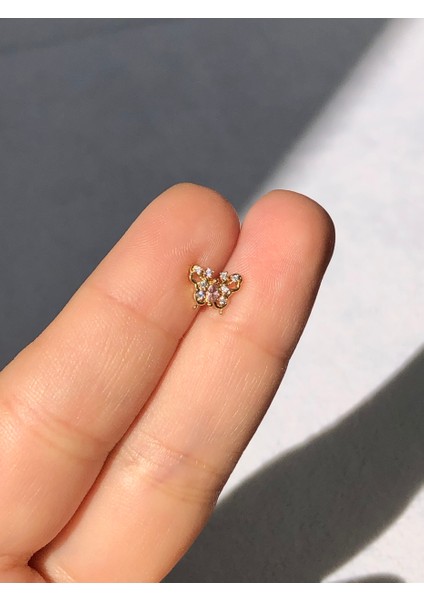 Nature Cerrahi Çelik Zirkon Taşlı Pembe Kelebek Gold Renk 1cm Piercing