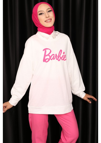 Krem Barbie Baskılı İki İplik Sweatshirt