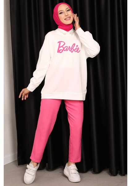 Krem Barbie Baskılı İki İplik Sweatshirt