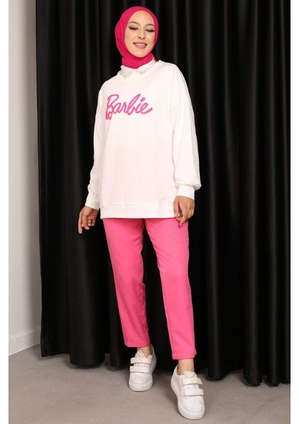 Krem Barbie Baskılı İki İplik Sweatshirt