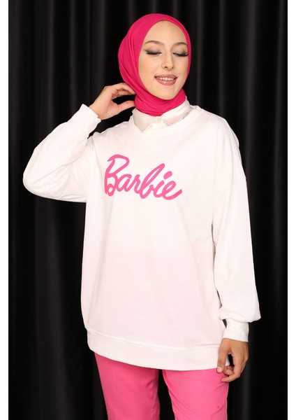 Krem Barbie Baskılı İki İplik Sweatshirt