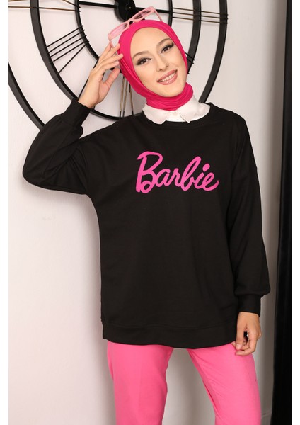 Siyah Barbie Baskılı İki İplik Sweatshirt
