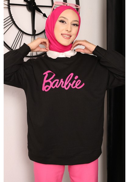 Siyah Barbie Baskılı İki İplik Sweatshirt