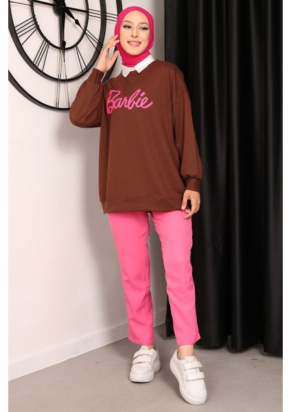 Kahverengi Barbie Baskılı İki İplik Sweatshirt