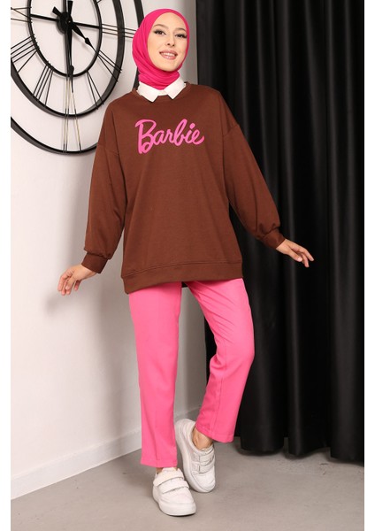 Kahverengi Barbie Baskılı İki İplik Sweatshirt