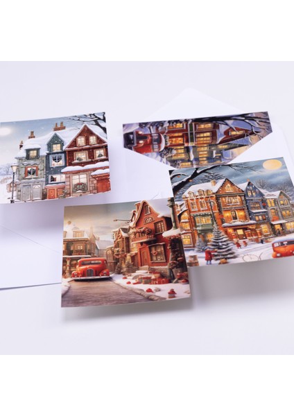 Beyaz zarflı kartpostal seti, Yılbaşı ve Karlı Sokaklar 1 set (4 adet)