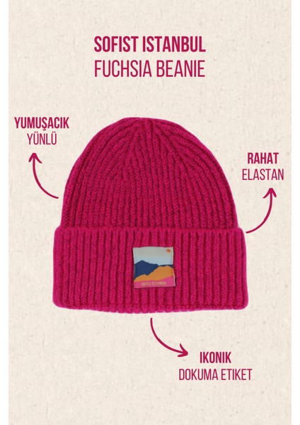 Fuchsia Beanie Fuşya Rengi Dokuma Etiketli Soft Yıkama Yünlü Katlamalı Örgü Bere