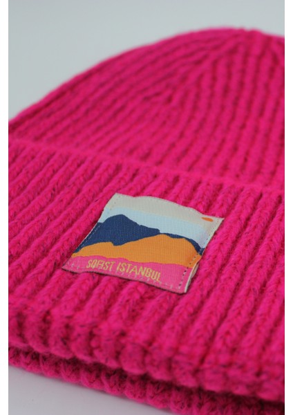 Fuchsia Beanie Fuşya Rengi Dokuma Etiketli Soft Yıkama Yünlü Katlamalı Örgü Bere