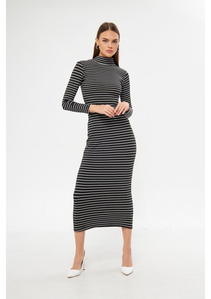 Yolanda Siyah-Beyaz Çizgili Balıkçı Yaka Uzun Kol Maxi Kadın Elbise