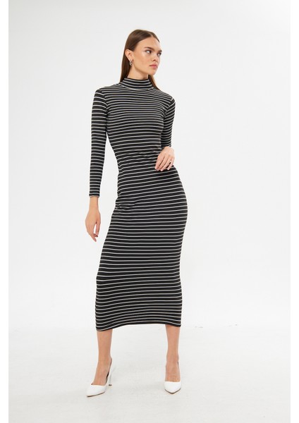 Yolanda Siyah-Beyaz Çizgili Balıkçı Yaka Uzun Kol Maxi Kadın Elbise fiyatları