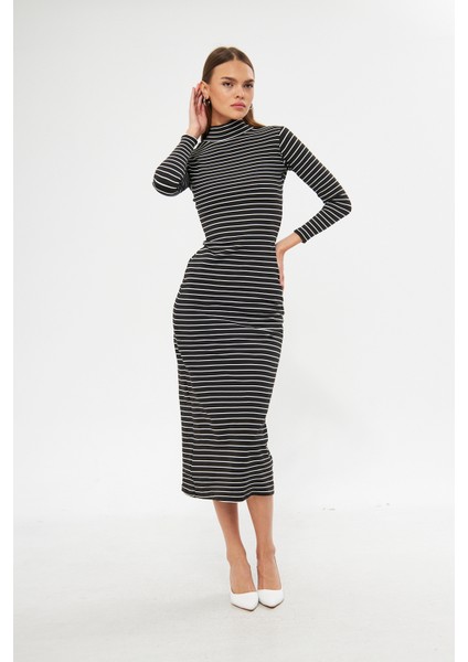 Yolanda Siyah-Beyaz Çizgili Balıkçı Yaka Uzun Kol Maxi Kadın Elbise modelleri