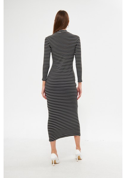 Yolanda Siyah-Beyaz Çizgili Balıkçı Yaka Uzun Kol Maxi Kadın Elbise fırsatları