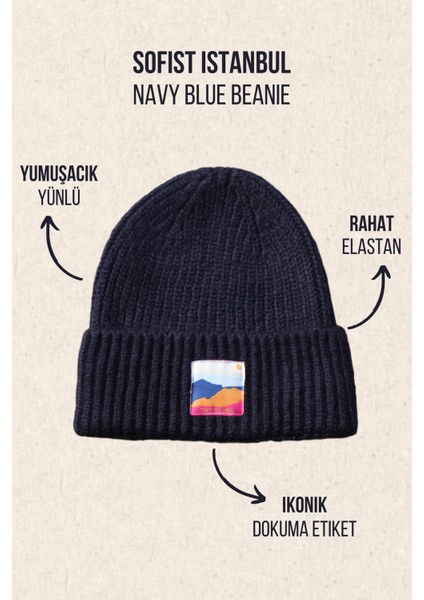 Navy Blue Beanie Lacivert Dokuma Etiketli Soft Yıkama Yünlü Katlamalı Örgü Bere