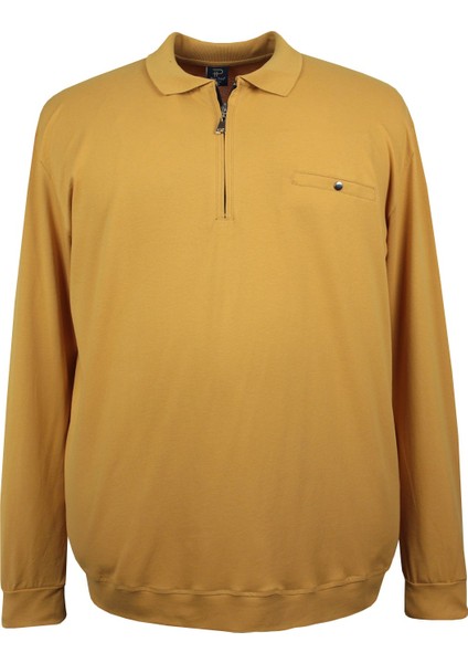 Erkek Büyük Beden Polo Yaka Ince Pike Sweat Uzun Kol Sarı